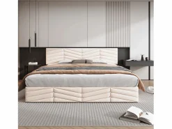 ModernLuxe Cama contenedor de terciopelo con somier de láminas + cabecero ajustable - 160x200cm - Beige Hot
