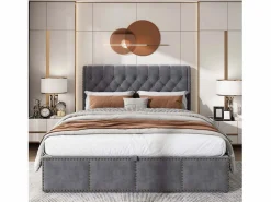 ModernLuxe Cama contenedor tapizada en terciopelo - decorada con remaches - con somier de láminas - 180x200cm - Gris