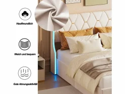 Cama de 140 x 190 cm - cama doble con somier - almacenaje - resorte de gas y tiras LED a cada lado del cabecero - terciopelo -^ Sale
