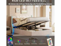 Cama de 140 x 190 cm - cama doble con somier - almacenaje - resorte de gas y tiras LED a cada lado del cabecero - terciopelo -^ Sale