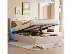 Cama de 140 x 190 cm - cama doble con somier - almacenaje - resorte de gas y tiras LED a cada lado del cabecero - terciopelo -^ Sale