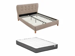 Vente-unique Cama Adulto|Cama de 160 x 200 cm con cabecero capitoné tela beige + colchón - ELIDE