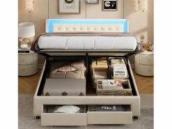 Cama de 140 x 190 cm con iluminación LED - Cama doble con canapé hidráulico y 2 cajones - Terciopelo - Beige Blanco roto New
