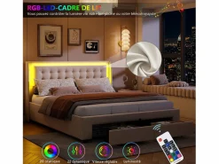 Cama de 140 x 190 cm con iluminación LED - Cama doble con canapé hidráulico y 2 cajones - Terciopelo - Beige Blanco roto New
