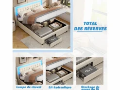 Cama de 140 x 190 cm con iluminación LED - Cama doble con canapé hidráulico y 2 cajones - Terciopelo - Beige Blanco roto New