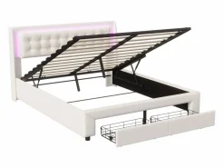 Cama de 140 x 190 cm con iluminación LED - Cama doble con canapé hidráulico y 2 cajones - Terciopelo - Beige Blanco roto New