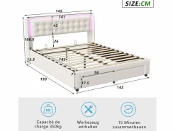 Cama de 140 x 190 cm con iluminación LED - Cama doble con canapé hidráulico y 2 cajones - Terciopelo - Beige Blanco roto New