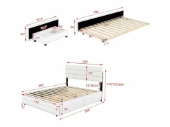 Cama de adulto 140x200 cm en tejido de lino - con cama nido 90x190 cm y 2 cajones - cabecero regulable -^ModernLuxe Best