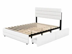 Cama de adulto 140x200 cm en tejido de lino - con cama nido 90x190 cm y 2 cajones - cabecero regulable -^ModernLuxe Best