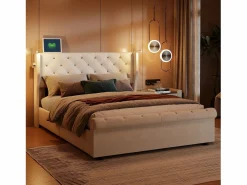 Cama Terciopelo|Cama Con Canapé|Cama de aire de 140 cm x 190 cm con almacenaje, lámpara de noche y toma de corriente, terciopelo