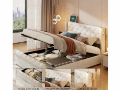 Cama Terciopelo|Cama Con Canapé|Cama de aire de 140 cm x 190 cm con almacenaje, lámpara de noche y toma de corriente, terciopelo