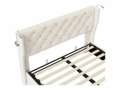 Cama Terciopelo|Cama Con Canapé|Cama de aire de 140 cm x 190 cm con almacenaje, lámpara de noche y toma de corriente, terciopelo