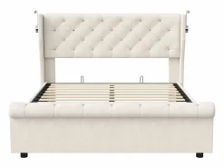 Cama Terciopelo|Cama Con Canapé|Cama de aire de 140 cm x 190 cm con almacenaje, lámpara de noche y toma de corriente, terciopelo