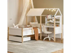 Cama de cabina 90 x 200 cm con escritorio y estante en forma de L - Cajón con ruedas - Madera sólida y MDF - White^DripeX Hot