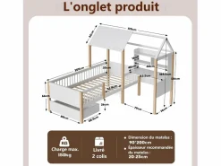 Cama de cabina 90 x 200 cm con escritorio y estante en forma de L - Cajón con ruedas - Madera sólida y MDF - White^DripeX Hot