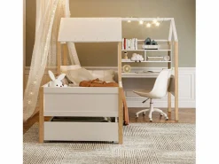 Cama de cabina 90 x 200 cm con escritorio y estante en forma de L - Cajón con ruedas - Madera sólida y MDF - White^DripeX Hot