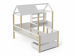 Cama de cabina 90 x 200 cm con escritorio y estante en forma de L - Cajón con ruedas - Madera sólida y MDF - White^DripeX Hot