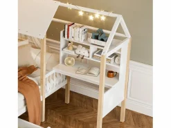 Cama de cabina 90 x 200 cm con escritorio y estante en forma de L - Cajón con ruedas - Madera sólida y MDF - White^DripeX Hot