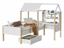 Cama de cabina 90 x 200 cm con escritorio y estante en forma de L - Cajón con ruedas - Madera sólida y MDF - White^DripeX Hot