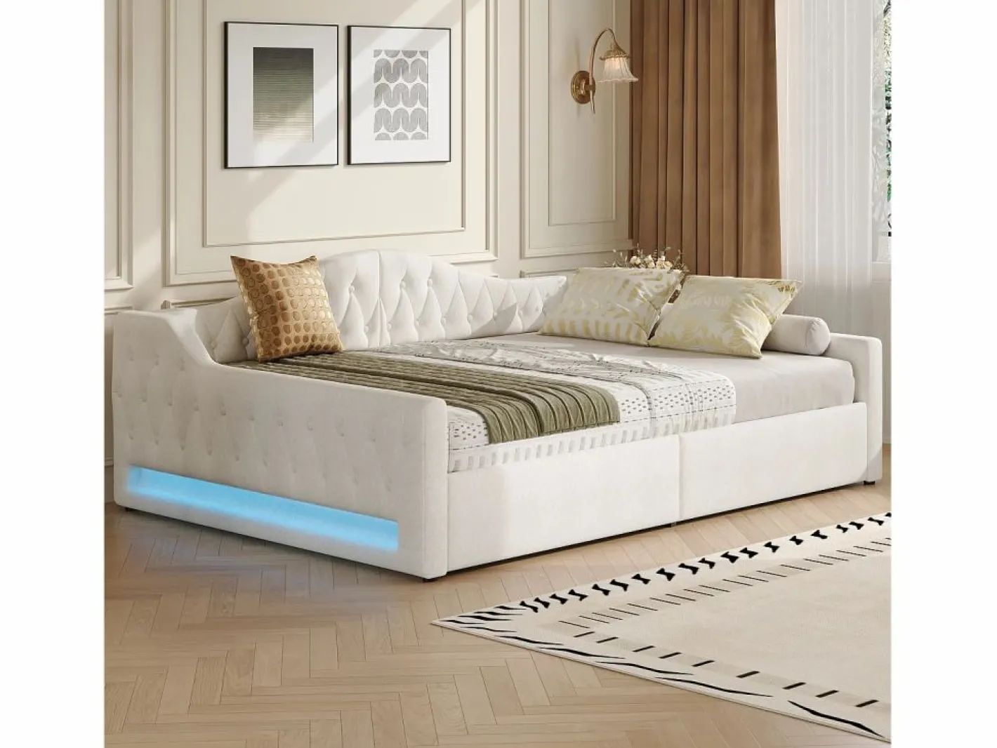 Cama de día 140x200 cm en lino - Cama de adulto con canapé y LED^Hauss Spole New