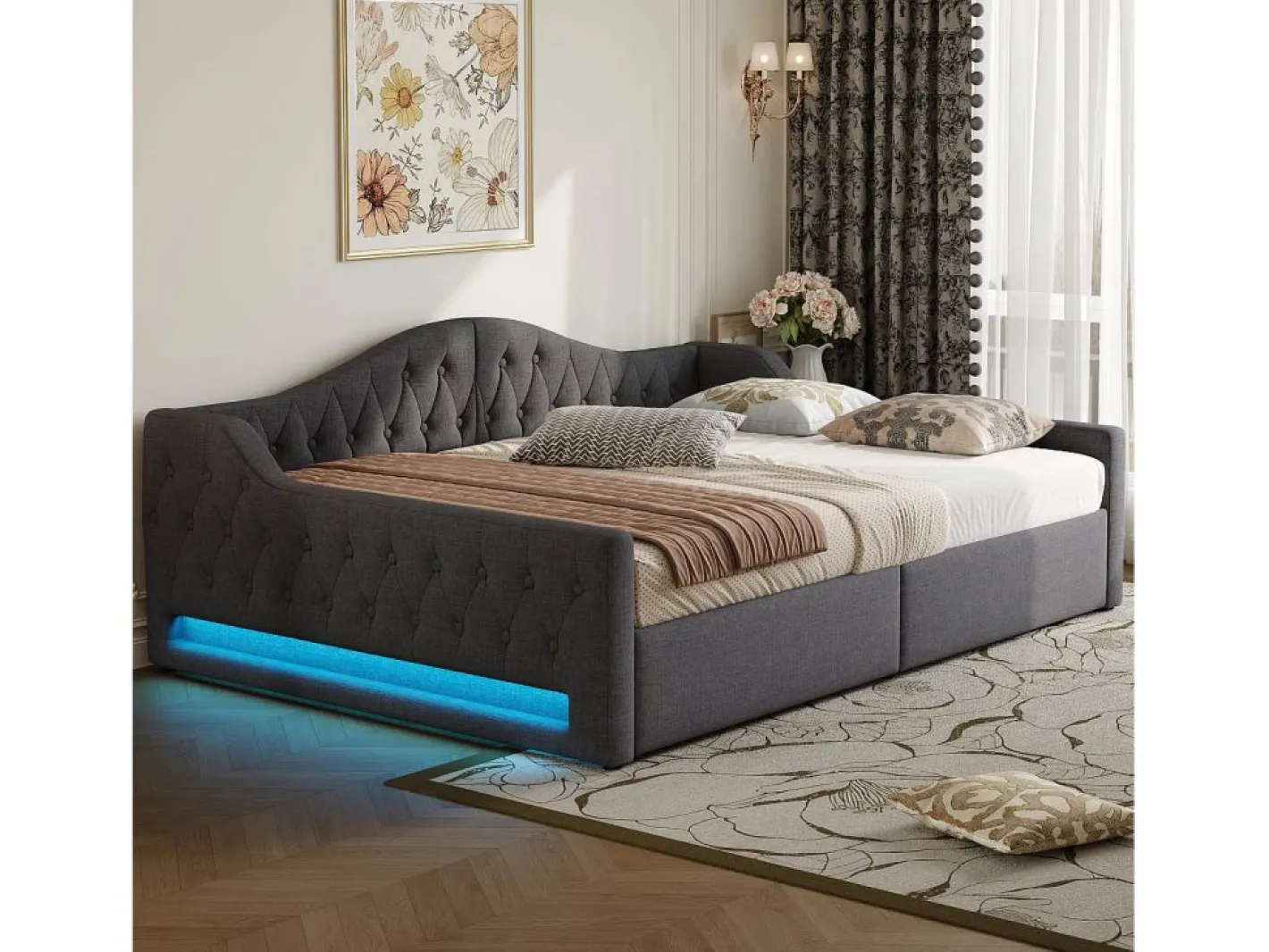Cama de día 140x200 cm en lino - Cama de adulto con canapé y LED^Hauss Spole Hot