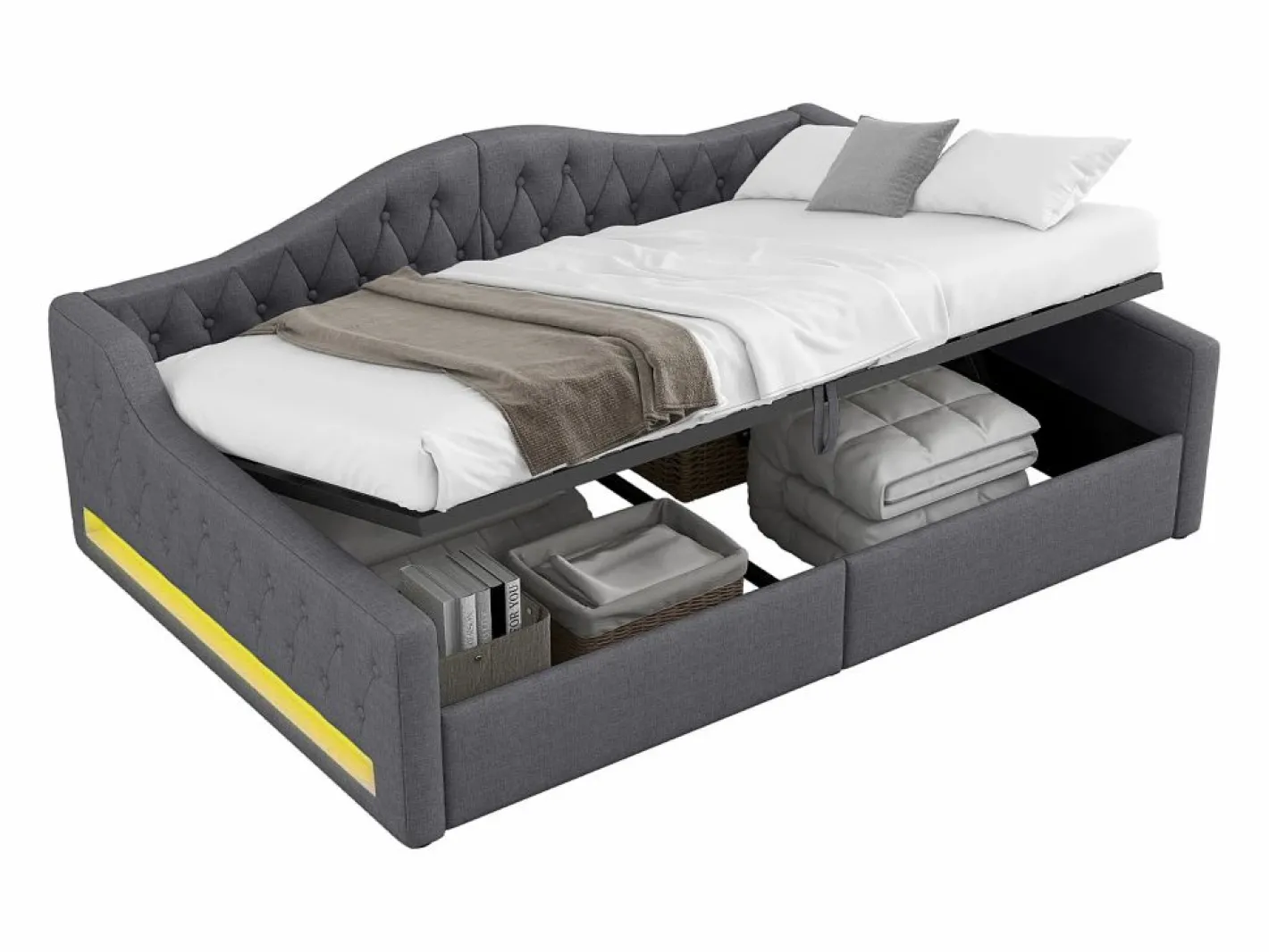 Cama de día 140x200 cm en lino - Cama de adulto con canapé y LED^Hauss Spole Hot