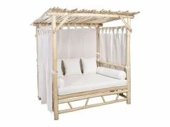 MYLIA Tumbona|Cama de jardín con baldaquín de teca - Natural claro y blanco TULUM