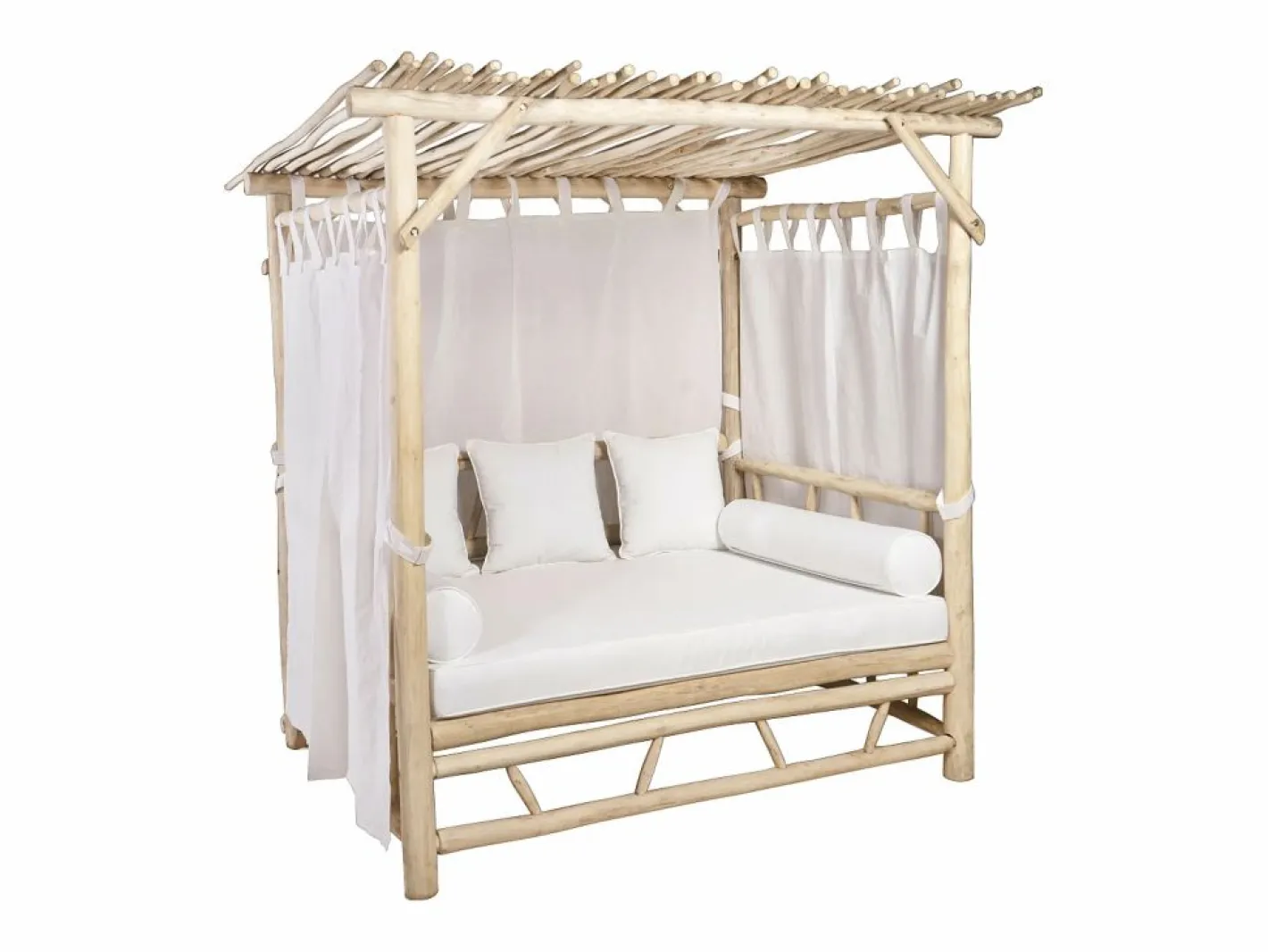 MYLIA Tumbona|Cama de jardín con baldaquín de teca - Natural claro y blanco TULUM