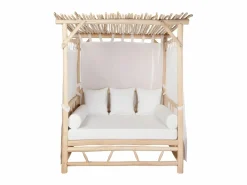 MYLIA Tumbona|Cama de jardín con baldaquín de teca - Natural claro y blanco TULUM