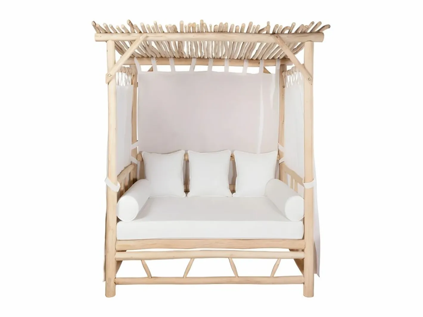 MYLIA Tumbona|Cama de jardín con baldaquín de teca - Natural claro y blanco TULUM