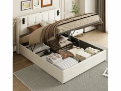 Cama de matrimonio 160 x 200 cm - Cabecero con luz de lectura - Compartimento hidráulico y somier de láminas - Terciopelo -^ Discount