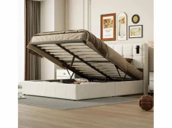 Cama de matrimonio 160 x 200 cm - Cabecero con luz de lectura - Compartimento hidráulico y somier de láminas - Terciopelo -^ Discount