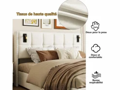 Cama de matrimonio 160 x 200 cm - Cabecero con luz de lectura - Compartimento hidráulico y somier de láminas - Terciopelo -^ Discount