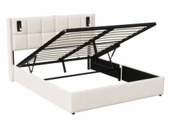 Cama de matrimonio 160 x 200 cm - Cabecero con luz de lectura - Compartimento hidráulico y somier de láminas - Terciopelo -^ Discount