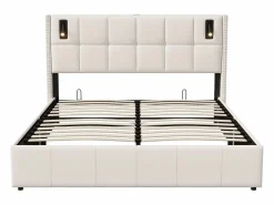 Cama de matrimonio 160 x 200 cm - Cabecero con luz de lectura - Compartimento hidráulico y somier de láminas - Terciopelo -^ Discount