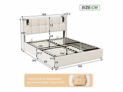 Cama de matrimonio 160 x 200 cm - Cabecero con luz de lectura - Compartimento hidráulico y somier de láminas - Terciopelo -^ Discount