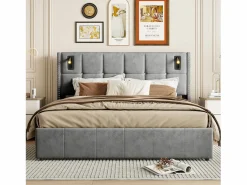 Cama de matrimonio 140 x 200 cm - Cabecero con luz de lectura - Compartimento hidráulico y somier de láminas - Terciopelo - Gris Hot