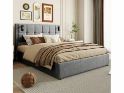 Cama de matrimonio 140 x 200 cm - Cabecero con luz de lectura - Compartimento hidráulico y somier de láminas - Terciopelo - Gris Hot