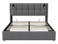 Cama de matrimonio 140 x 200 cm - Cabecero con luz de lectura - Compartimento hidráulico y somier de láminas - Terciopelo - Gris Hot