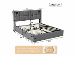 Cama de matrimonio 140 x 200 cm - Cabecero con luz de lectura - Compartimento hidráulico y somier de láminas - Terciopelo - Gris Hot