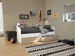 Vente-unique Cama Infantil|Cama de 90x200 cm con cajones y estantes, acabado blanco y natural + Somier de láminas - PAULETTE