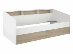 Vente-unique Cama Infantil|Cama de 90x200 cm con cajones y estantes, acabado blanco y natural + Somier de láminas - PAULETTE