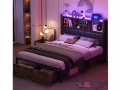Cama Con Almacenaje|Cama Infantil|Cama doble 140 x 200 cm con 2 cajones - Iluminación LED y puerto USB - Cabecero con espacio de almacenaje -