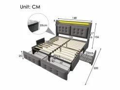 Merax Cama Con Canapé|Cama Con Almacenaje|Cama doble canapé tapizada - 140 x 200 cm - Colchón + Leds + 4 cajones + Cabecero con USB - Tejido de algodón -