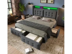 Merax Cama Con Canapé|Cama Con Almacenaje|Cama doble canapé tapizada - 140 x 200 cm - Colchón + Leds + 4 cajones + Cabecero con USB - Tejido de algodón -