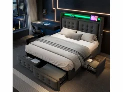 Merax Cama Con Canapé|Cama Con Almacenaje|Cama doble canapé tapizada - 140 x 200 cm - Colchón + Leds + 4 cajones + Cabecero con USB - Tejido de algodón -
