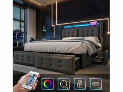 Merax Cama Con Canapé|Cama Adulto|Cama doble canapé tapizada - 160 x 200 cm - Colchón + Leds + 4 cajones + Cabecero con USB - Tejido de algodón -