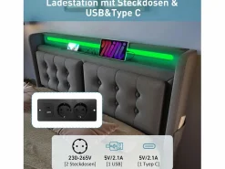 Merax Cama Con Canapé|Cama Adulto|Cama doble canapé tapizada - 160 x 200 cm - Colchón + Leds + 4 cajones + Cabecero con USB - Tejido de algodón -