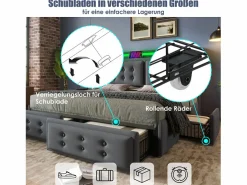 Merax Cama Con Canapé|Cama Adulto|Cama doble canapé tapizada - 160 x 200 cm - Colchón + Leds + 4 cajones + Cabecero con USB - Tejido de algodón -