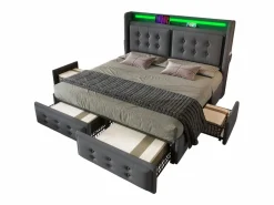 Merax Cama Con Canapé|Cama Adulto|Cama doble canapé tapizada - 160 x 200 cm - Colchón + Leds + 4 cajones + Cabecero con USB - Tejido de algodón -